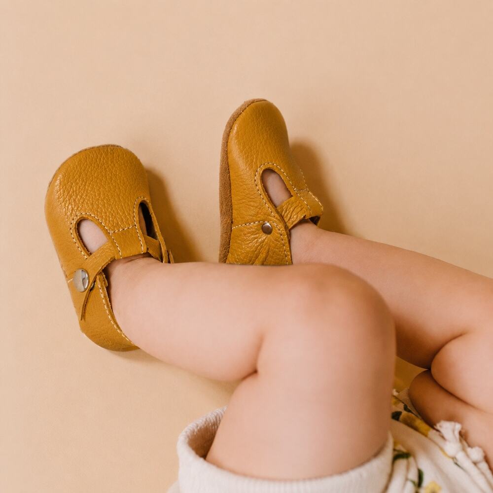 Mon Petit Shoes Handmade Leather T-Strap Soft Sole Shoes Mustard Size 6